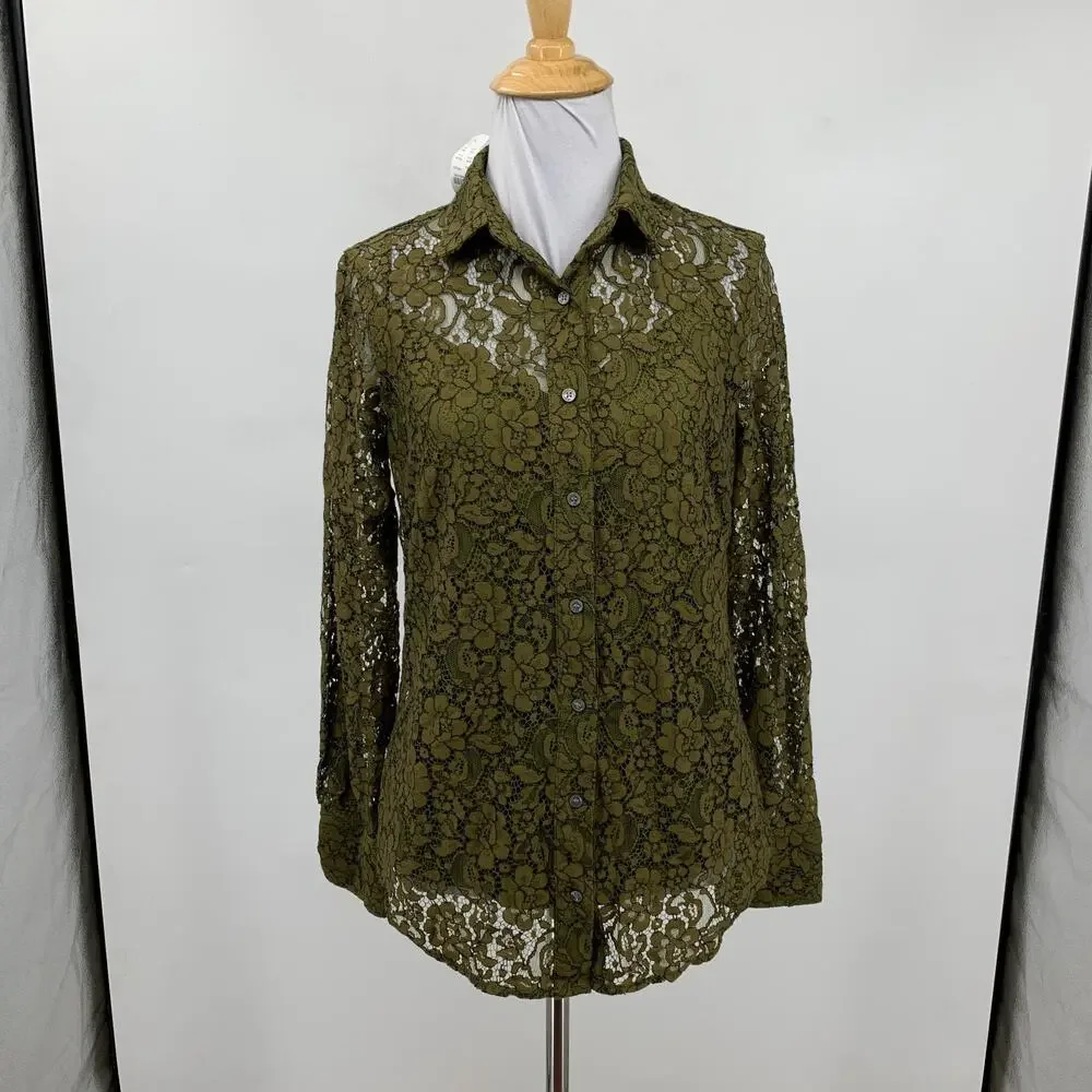 J Crew Top Women 2 Moss Two Piece Classic Fit Button Up Lace Overlay Long Sleeve